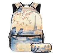 VAPOKF Set di zaini per la scuola con uccelli ad acquerello, Torre Eiffer, paesaggio, per adolescenti, ragazze, ragazzi, bambini, zaino per studenti con astuccio per scuola primaria secondaria, Multi