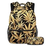VAPOKF Set di zaini per la scuola in canapa dorata senza cuciture per adolescenti, ragazze, ragazzi, bambini, zaino per studenti con astuccio per scuola primaria secondaria, Multi, Taglia unica, Set