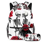 VAPOKF Set di zaini per la scuola per gli amanti degli scheletri, per adolescenti, ragazze, ragazzi, bambini, zaino per studenti con astuccio per scuola primaria secondaria