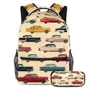 VAPOKF Set di zaini per la scuola retrò con Cars on Road per adolescenti, ragazze, ragazzi, bambini, zaino per studenti con astuccio per scuola primaria secondaria, Multi, Taglia unica, Set di zaini