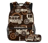 VAPOKF Set di zaini per la scuola retrò Steampunk Cars per adolescenti, ragazze, ragazzi, bambini, zaino con astuccio per scuola primaria secondaria, Multi, Taglia unica, Set di zaini per la scuola