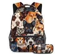VAPOKF Set di zaini per la scuola senza cuciture con gatti e cani per adolescenti, ragazze, ragazzi, bambini, zaino per studenti con astuccio per scuola primaria secondaria, Multi, Taglia unica, Set