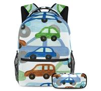 VAPOKF Set di zaini per la scuola senza cuciture con motivo auto per adolescenti, ragazze, ragazzi, bambini, zaino per studenti con astuccio per scuola primaria secondaria, Multi, Taglia unica, Set di