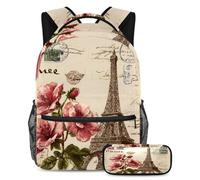 VAPOKF Set di zaini per la scuola vintage con cartolina di Parigi e fiori, per adolescenti, ragazze, ragazzi, bambini, zaino con astuccio per scuola elementare secondaria
