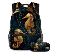 VAPOKF Set di zaini per la scuola vintage con cavalluccio marino e meduse per adolescenti, ragazze, ragazzi, bambini, zaino con astuccio per scuola elementare secondaria