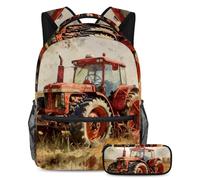 VAPOKF Set di zaini per la scuola vintage con trattore rosso, per adolescenti, ragazze, ragazzi, bambini, zaino per studenti, con astuccio per scuola primaria secondaria, Multi, Taglia unica, Set di