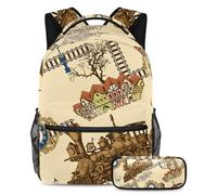VAPOKF Set di zaini per la scuola vintage con treno in città per adolescenti, ragazze, ragazzi, bambini, zaino per studenti con astuccio per scuola primaria secondaria, Multi, Taglia unica, Set di