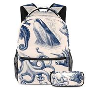 VAPOKF Set di zaino per la scuola con cavalluccio marino con balena gigante, per adolescenti, ragazze, ragazzi, bambini, zaino con astuccio per scuola primaria secondaria