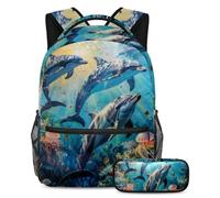 VAPOKF Set di zaino per la scuola con delfini marini e meduse per adolescenti, ragazze, ragazzi, bambini, zaino per studenti con astuccio per scuola primaria secondaria, Multi, Taglia unica, Set di