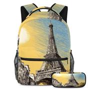 VAPOKF Set di zaino per la scuola con disegno Torre Eiffer, per adolescenti, ragazze, ragazzi, bambini, zaino con astuccio per scuola elementare secondaria