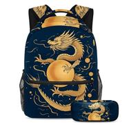 VAPOKF Set di zaino per la scuola con drago dorato e palla, per adolescenti, ragazze, ragazzi, bambini, zaino per studenti, zaino con astuccio per scuola primaria secondaria