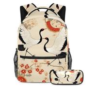 VAPOKF Set di zaino per la scuola con due gru su rami di peonia per adolescenti, ragazze, ragazzi, bambini, zaino per studenti con astuccio per scuola primaria secondaria