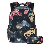VAPOKF Set di zaino per la scuola con joystick con videogiochi, per adolescenti, ragazze, ragazzi, bambini, zaino per studenti con astuccio per scuola primaria secondaria, Multi, Taglia unica, Set di