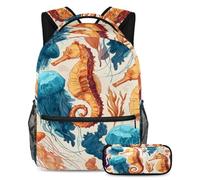 VAPOKF Set di zaino per la scuola con meduse e coralli con cavalluccio marino, per adolescenti, ragazze, ragazzi, bambini, zaino con astuccio per scuola primaria secondaria e media