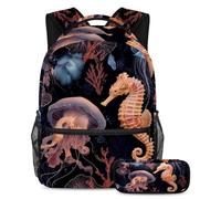 VAPOKF Set di zaino per la scuola con meduse e coralli con cavalluccio marino, per adolescenti, ragazze, ragazzi, bambini, zaino con astuccio per scuola primaria secondaria e media