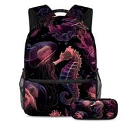 VAPOKF Set di zaino per la scuola con meduse luminose e cavalluccio marino per adolescenti, ragazze, ragazzi, bambini, zaino per studenti con astuccio per scuola primaria secondaria