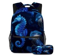 VAPOKF Set di zaino per la scuola con meduse luminose e cavalluccio marino per adolescenti, ragazze, ragazzi, bambini, zaino per studenti con astuccio per scuola primaria secondaria