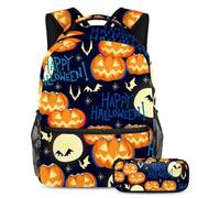 VAPOKF Set di zaino per la scuola con motivo Halloween Jack Pumpkin Full Moon Bats per adolescenti, ragazze, ragazzi, bambini, zaino per studenti con astuccio per scuola primaria secondaria, Multi,