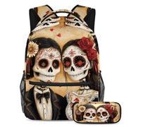 VAPOKF Set di zaino per la scuola con scheletro e teschio del giorno dei morti, per adolescenti, ragazze, ragazzi, bambini, zaino per studenti con astuccio per scuola primaria secondaria, Multi