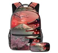 VAPOKF Set di zaino per la scuola con tempio di ciliegie del Monte Fuji giapponese per adolescenti, ragazze, ragazzi, bambini, zaino con astuccio per scuola primaria secondaria, Multi, Taglia unica,