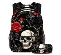VAPOKF Set di zaino per la scuola con teschio e corvo su un ramo di rose, per adolescenti, ragazze, ragazzi, bambini, zaino con astuccio per scuola primaria secondaria, Multi, Taglia unica, Set di