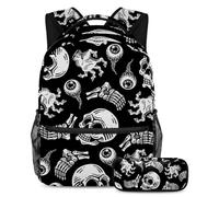 VAPOKF Set di zaino per la scuola con teschio horror e bulbo oculare zombie per adolescenti, ragazze, ragazzi, bambini, zaino con astuccio per scuola primaria secondaria, Multi, Taglia unica, Set di