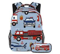 VAPOKF Set di zaino per la scuola di emergenza con auto dei pompieri, camion dei pompieri, aeroplano, per adolescenti, ragazze, ragazzi, bambini, zaino con astuccio per scuola elementare secondaria,