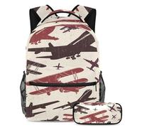 VAPOKF Set di zaino retrò con aereo da guerra e aereo per adolescenti, ragazze, ragazzi, bambini, zaino con astuccio per scuola elementare secondaria, Multi, Taglia unica, Set di zaini per la scuola