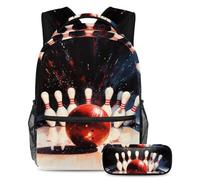 VAPOKF Set di zaino rosso con palla da bowling e spilli per adolescenti, ragazze, ragazzi, bambini, zaino per studenti con astuccio per scuola primaria secondaria