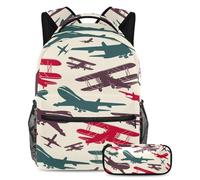 VAPOKF Set di zaino vintage con aereo da combattimento e aereo, per adolescenti, ragazze, ragazzi, bambini, zaino con astuccio per scuola primaria secondaria, Multi, Taglia unica, Set di zaini per la