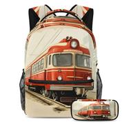 VAPOKF Set di zaino vintage con treno rosso per adolescenti, ragazze, ragazzi, bambini, zaino con astuccio per scuola primaria secondaria, Multi, Taglia unica, Set di zaini per la scuola
