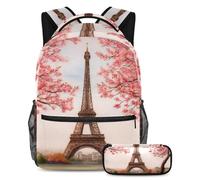 VAPOKF Spring Blossom Cherry Paris Tower - Set di zaini per la scuola, per adolescenti, ragazze, ragazzi, bambini, con astuccio per scuola elementare e secondaria