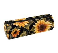 VAPOKF Sunflowers on Black Leather Barrel Pen Pencil Case Coin Purse Cosmetic Makeup Bag per studenti Cancelleria Scuola Ufficio Storage