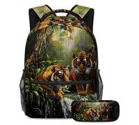 VAPOKF Tigers on Forest Stream, set di zaini per ragazze adolescenti, ragazzi, bambini, zaino per studenti, zaino con astuccio per scuola elementare, taglia unica, set di zaini per la scuola