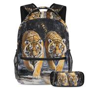 VAPOKF Tigers Walking on Snow - Set di borse per la scuola per adolescenti, ragazze, ragazzi, bambini, zaino con astuccio per scuola elementare secondaria, Multi, Taglia unica, Set di zaini per la