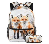 VAPOKF Two Fox - Set di zaino per la scuola con motivo volpe in piedi sulla neve, per adolescenti, ragazze, ragazzi, bambini, con astuccio per scuola elementare e secondaria, Multi, Taglia unica, Set