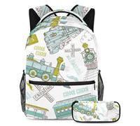 VAPOKF Vinatge - Set di borse per la scuola con treno a vapore e ferrovia, per adolescenti, ragazze, ragazzi, bambini, zaino con astuccio per scuola elementare, secondaria, Multi, Taglia unica, Set di