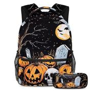 VAPOKF Zucca Tombe Teschi Albero morto Set di zaino per la scuola per adolescenti, ragazze, ragazzi, bambini, zaino per studenti con astuccio per scuola primaria secondaria, Multi, Taglia unica, Set