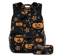 VAPOKF Zucche di Halloween Candy Spiderweb pipistrello scuola set per adolescenti ragazze ragazzi bambini studente Bookbag zaino zaino con astuccio per scuola primaria secondaria junior high school,