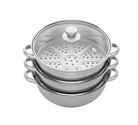 Vaporiera a 3 piani in acciaio inox per cucinare, diametro interno 28 cm, compatibile con gas, induzione, alogeno elettrico, con coperchio in vetro ventilato