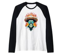 Vaquero Messicano Rodeo Skull Sombrero Fuoco Maglia con Maniche Raglan