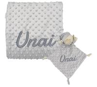 various Set Regalo Neonato Personalizzato con Nome Ricamato, Coperta Minky Ultra Morbida e Doudou per Bambino o Bambina, Idea Regalo Nascita e Baby Shower con Scatola Regalo Colore Grigio