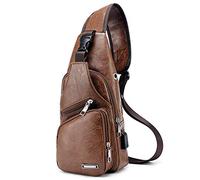 VARLIVOO Zaino Monospalla da Uomo Sling Bag con USB Port Borse a Spalla Borsa a Tracolla Viaggio Escursionismo Palestra Ciclismo Impermeabile PU Pelle Marrone Chiaro