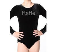 Varsany CrystalsRus - Body da ginnastica personalizzato, a maniche lunghe, in velluto, per la scuola, uniforme da scuola, per danza e danza classica, per ragazze (K), Nero , 9-10 Anni