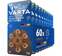VARTA Batterie per apparecchi acustici tipo 312, 60 pezzi, marrone, pile Power on Demand, confezione economica, per amplificatore acustico, Made in Germany