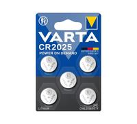 VARTA CR 2025, 6025101415, Batteria Litio a Bottone, Piatta, Specialistica, 3 Volts, Diametro 20mm, Altezza 2,5mm, confezione 5 pile