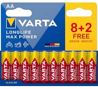 VARTA Pile AA, 8+2 (10 pezzi), Longlife Max Power, Alcaline, 1,5V, ideale per fotocamere digitali e controller, imballaggio riciclato al 90%, Made in Germany