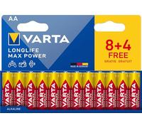VARTA Pile AA, 8+4 (12 pezzi), Longlife Max Power, Alcaline, 1,5V, ideale per fotocamere digitali e controller, imballaggio riciclato al 90%, Made in Germany