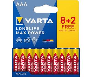 VARTA Pile AAA, 8+2 (10 pezzi), Longlife Max Power, Alcaline, 1,5V, ideale per fotocamere digitali e controller, imballaggio riciclato al 90%, Made in Germany