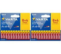 VARTA Pile AAA, 8+4 (12 pezzi), Longlife Max Power, Alcaline, 1,5V, ideale per fotocamere digitali e controller, imballaggio riciclato al 90%, Made in Germany (Confezione da 2)
